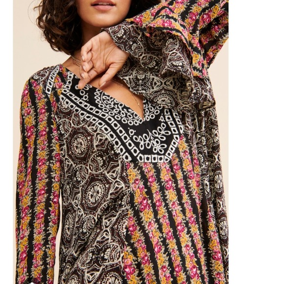 Free People Tops - Free People Mixed Print Boho Blouse Bell‎ Sleeve V Neck Tunic Top XS